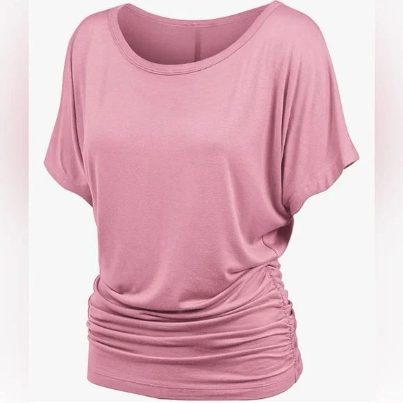 Casual Solid Short Sleeve Boat Neck Dolman Top with Side Shirring -pink - Picture 1 of 5